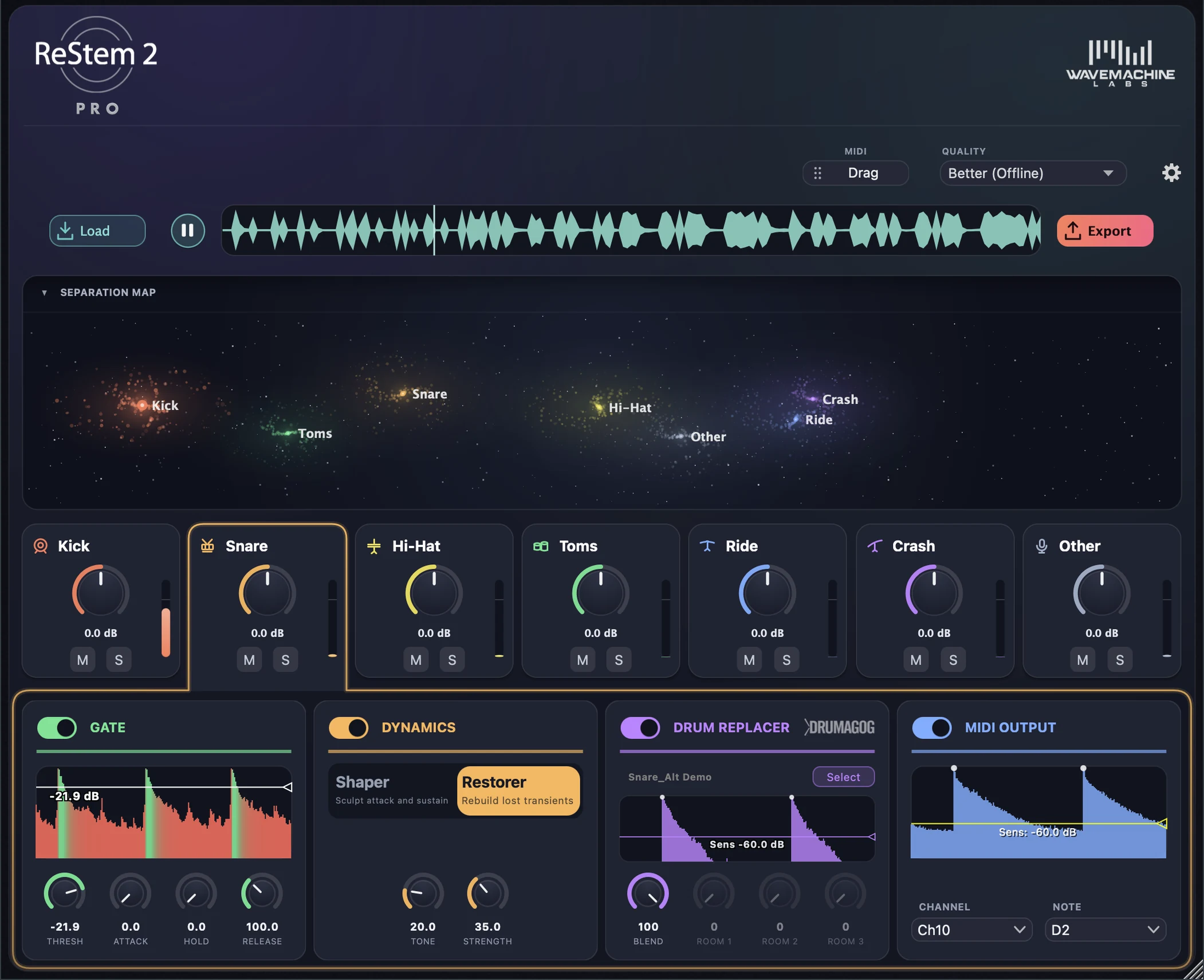 ReStem 2 with a drum track separated into seven stems