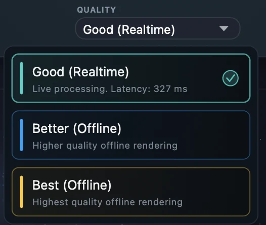 Quality selector opened inside a DAW