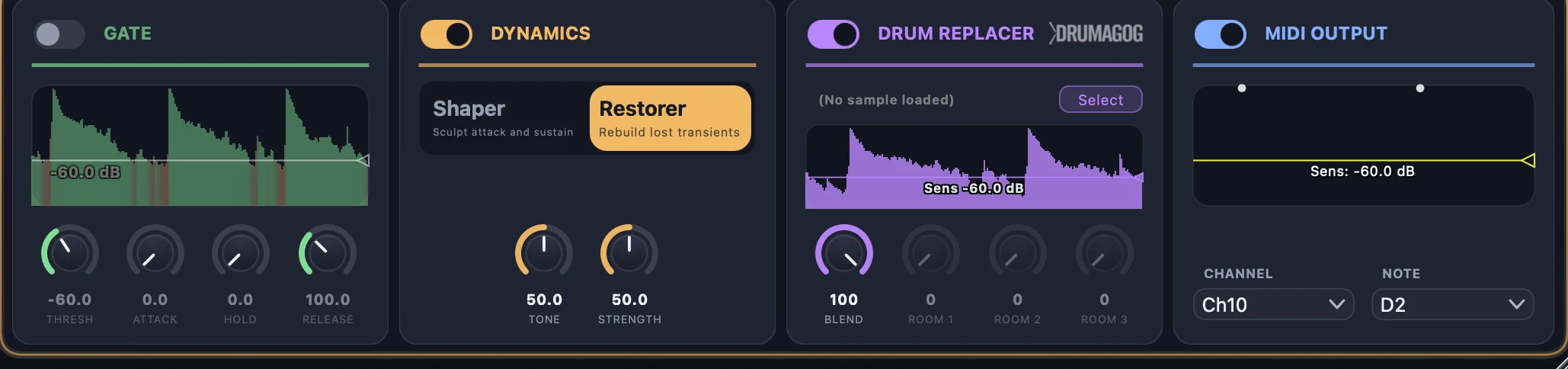 Per-stem rack: Gate, Dynamics, Drum Replacer, MIDI Output